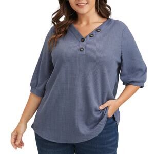 BloomChic Periwinkle Plain Button V Neck Waffle Knit Shirt 14-16